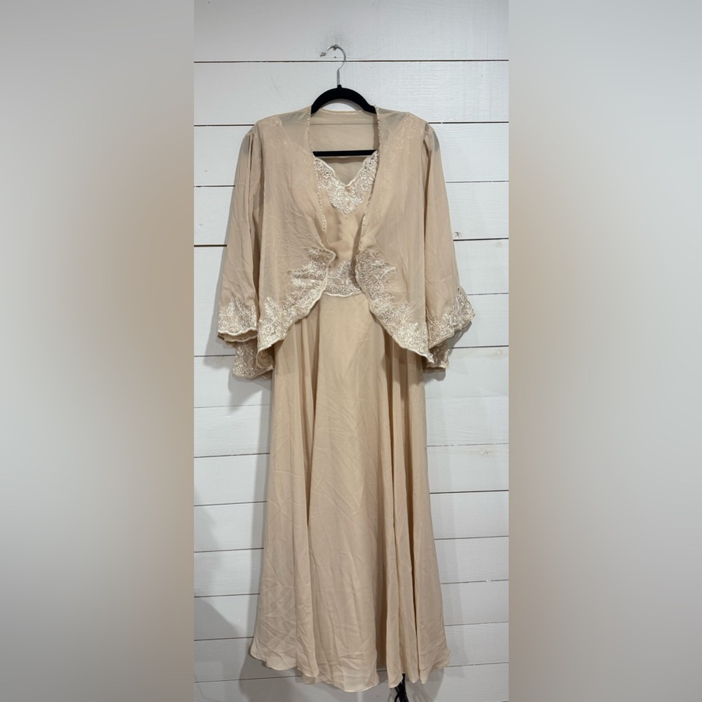 Elegant Beige Sparkle Appliqued -Trimmed Dress